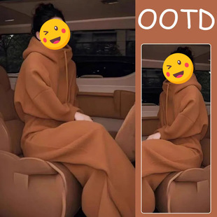 冬装搭配一整套感小香风休闲绿色加绒款连帽外套阔腿裤套装女