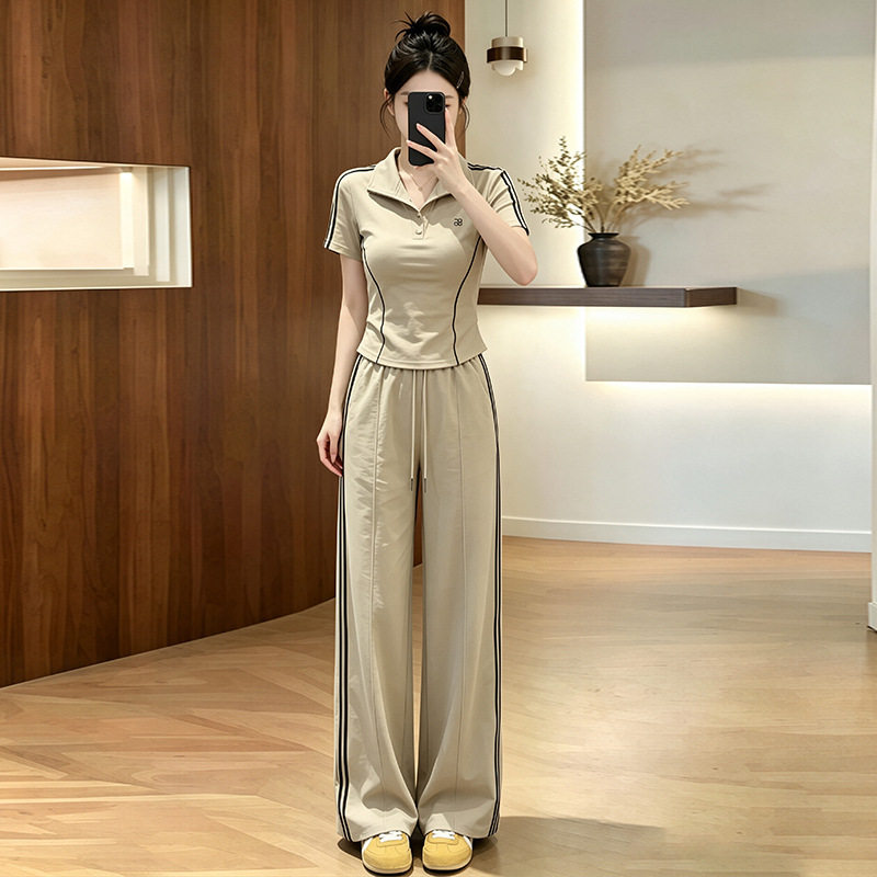 休闲时尚短袖套装女夏季运动服减龄修身短款T恤上衣阔腿裤两件套