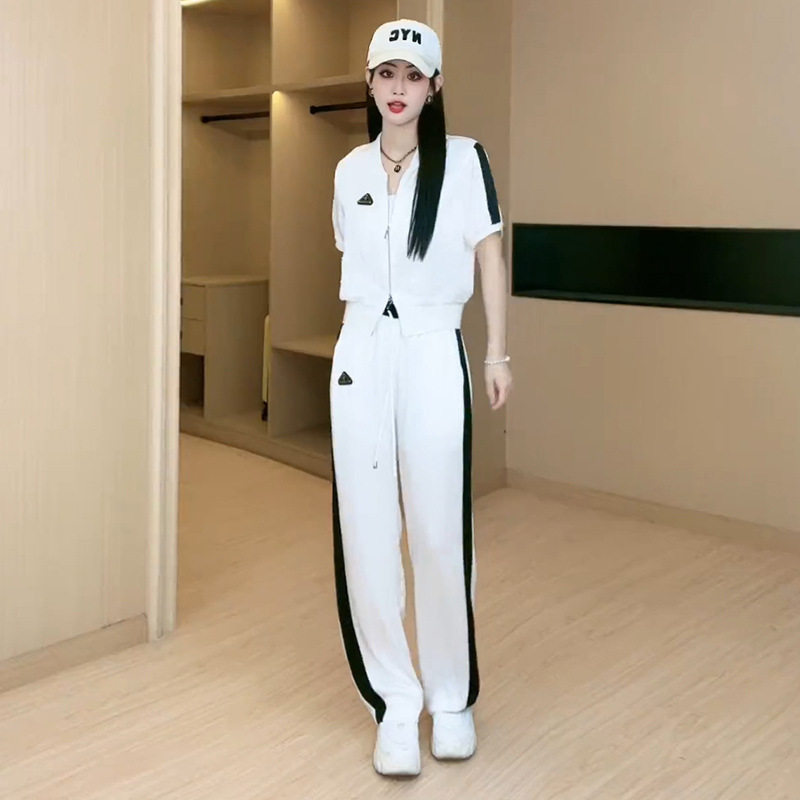 白运动套装女收腰短袖长裤两件套