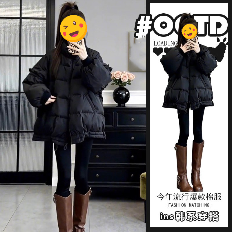 2025冬季新款韩版宽松简约黑色棉服外套女时尚气质百搭减龄棉衣潮
