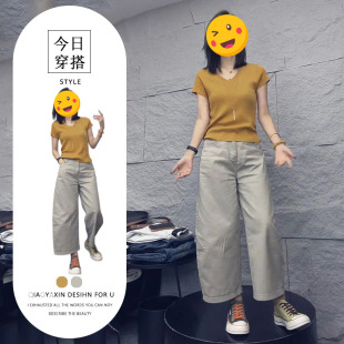 2026夏季新款时尚纯色显瘦短袖上衣高腰裤子欧美炸街两件套装穿搭
