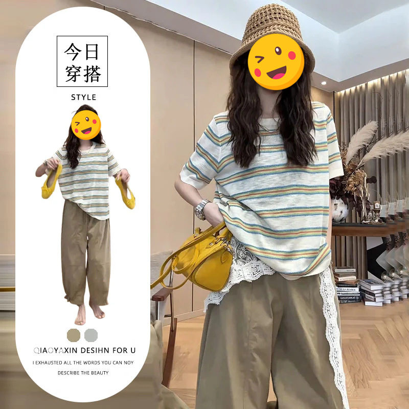 韩版学生穿搭三件套装女宽松百搭条纹短袖T恤蕾丝镂空屁帘休闲裤