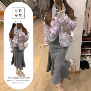 甜美小众穿搭2025秋冬季高级感别致紫色毛边棉服外套高腰鱼尾裙子