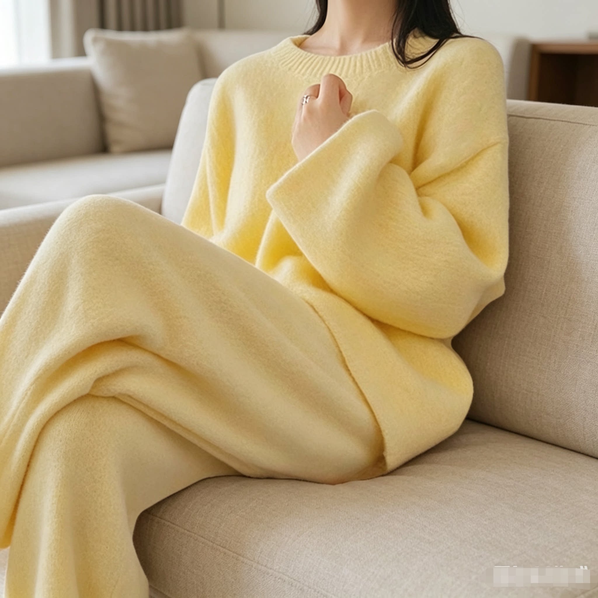 慵懒风奶黄色毛衣两件套韩系女学生温柔名媛松弛感红色套头直筒裤