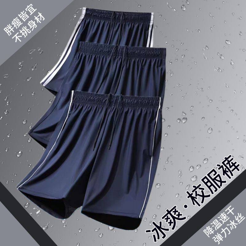 夏季冰丝校服裤子藏青色二道杠薄速干运动五分短裤中小学生高弹力