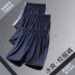 夏季冰丝校服裤子藏青色二道杠薄速干运动五分短裤中小学生高弹力