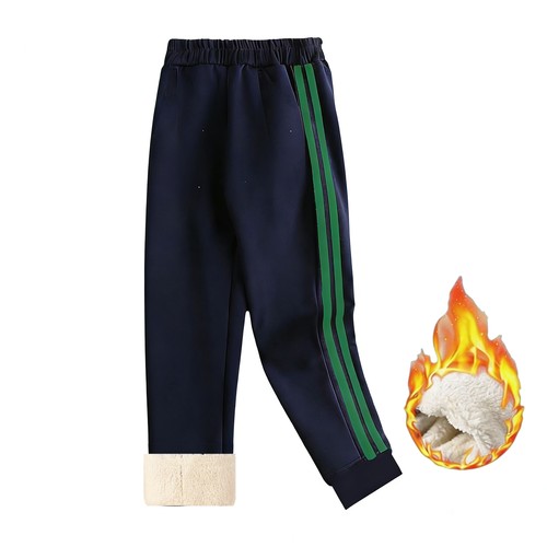 藏青色校服裤子中小学生加绒加厚保暖草绿二道杠直筒束脚收口运动