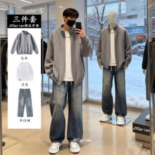 秋冬立领拉链针织开衫痞帅男生套装毛衣外套韩版搭配牛仔裤一套潮