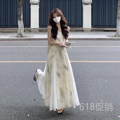 新中式吊带洋装女小众设计感2025夏新款巨好看水墨气质国风长裙
