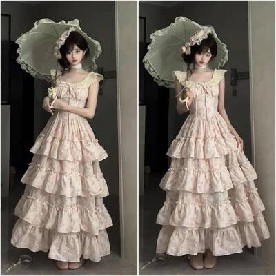 粉色甜美碎花洋装女夏季特别漂亮高级感公主蛋糕裙大裙摆长裙子
