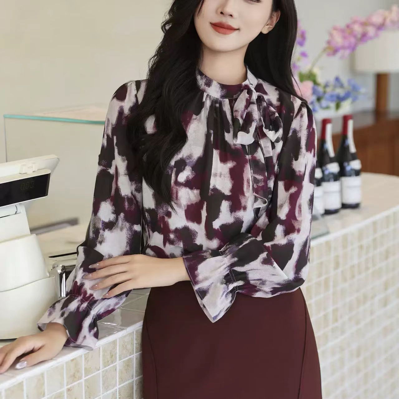 商场专柜正品2025年秋季新款女装时尚气质高级感水墨印花衬衫上衣
