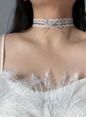 超仙设计感纯欲银色choker颈链蕾丝蝴蝶结项圈短款锁骨链双层颈链