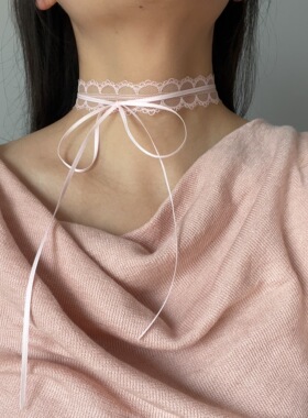 超仙淡粉蕾丝choker蝴蝶结锁骨项链短款双层Lolita风项圈送女友