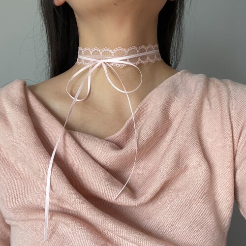 超仙淡粉蕾丝choker蝴蝶结锁骨项链短款双层Lolita风项圈送女友