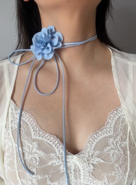 超仙蓝色花系带choker女项圈腰链氛围感拍照Lolita海边沙滩锁骨链