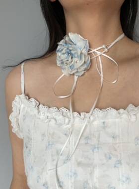 蓝色碎花玫瑰花丝带choker蝴蝶结项链女高级感锁骨链海边度假饰品