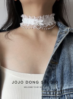 芭蕾少女精致爱心项链仙气蝴蝶结珠链项圈choker白蕾丝颈链锁骨链