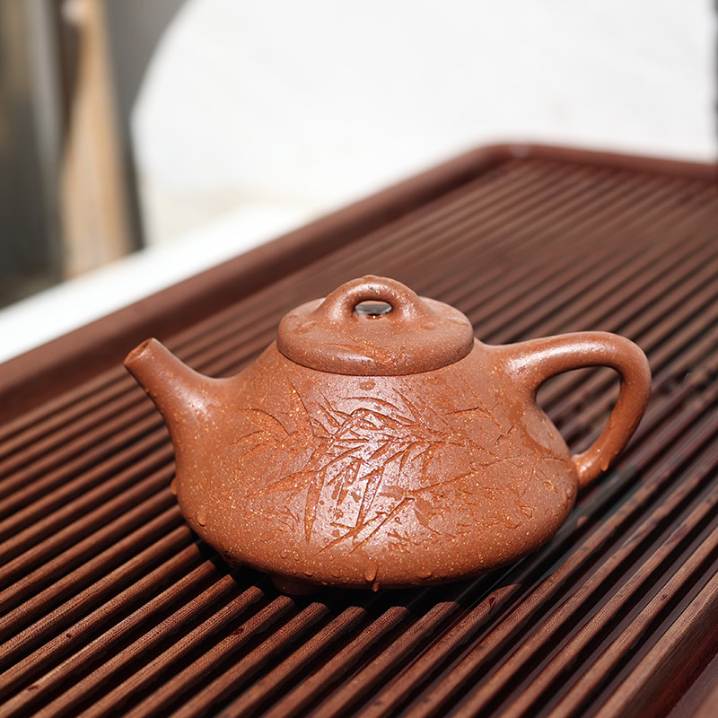 宜兴紫砂壶 刻绘竹子冶石瓢壶原矿降坡泥 手工茶壶茶具