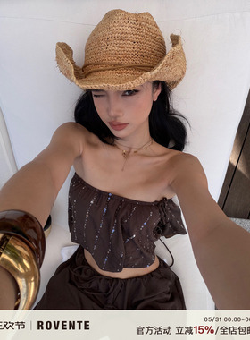 rovente boho流星咖色线性亮片抹胸背心外穿女夏辣妹性感无袖上衣