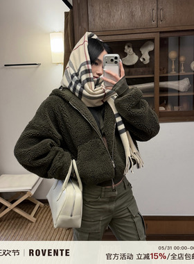 rovente 绿漾街头绿色摇粒绒连帽外套女冬季宽松保暖加厚拉链卫衣