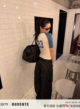 rovente 美式周末蓝白拼色莱赛尔中袖短袖T恤女夏插肩袖印花上衣