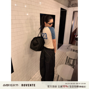 rovente 美式周末蓝白拼色莱赛尔中袖短袖T恤女夏插肩袖印花上衣