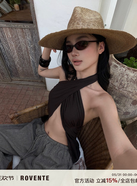 rovente 绝飒曲线棕色交叉挂脖背心吊带女夏辣妹度假短款无袖上衣