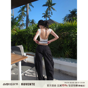 rovente美区猎手黑色长款休闲裤女美式宽松拖地裤直筒低腰工装裤