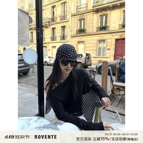 rovente黑色弹力斜领露肩长袖T恤