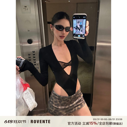 rovente黑色连体衣蕾丝v领T恤