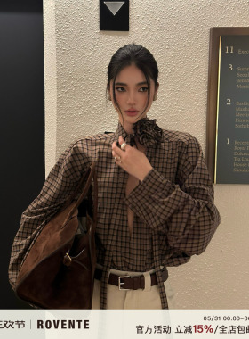 rovente胶片定格 设计感格子衬衣女复古休闲长袖飘带咖色衬衫外套