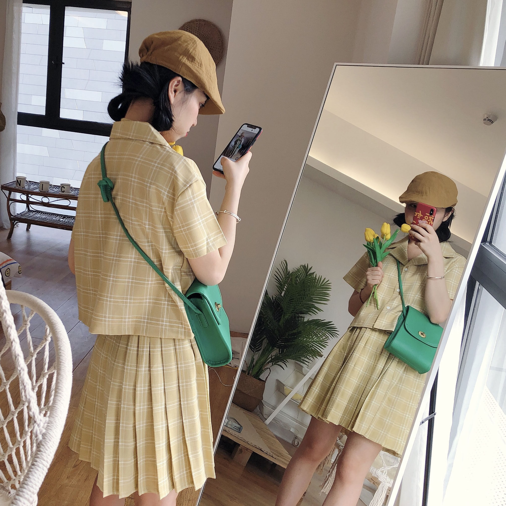 鹅黄色格子半身裙 复古百搭jk版型日系高腰百褶短裙女