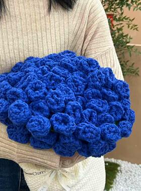 蓝玫瑰花束毯子成品送女生闺蜜节日礼物手工编织花朵毛毯午睡毯