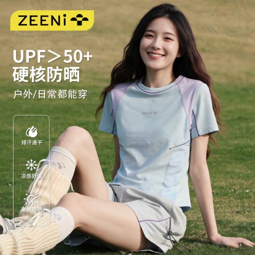 ZEENI 透气吸湿速干衣女夏正肩短袖户外t恤抗菌徒步健身运动上衣