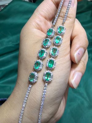 天然祖母绿手链s925纯银镶嵌满镶大气时尚水晶彩宝女款豪镶
