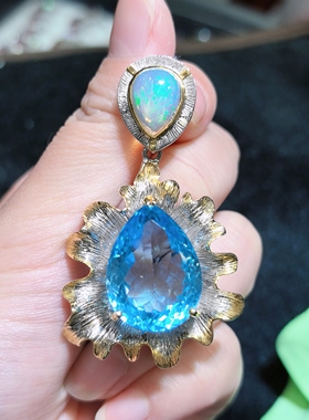 天然水晶宝石瑞士蓝托帕石吊坠s925银意大利工艺镶嵌