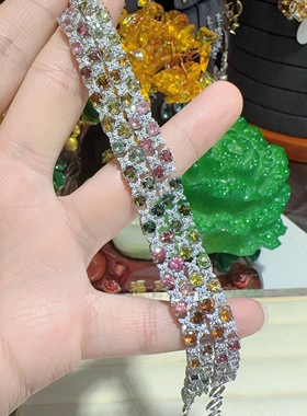 天然水晶碧玺手链925银镶嵌体颜色好精工工艺女款手链彩色老矿