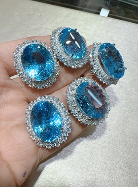 天然水晶托帕石戒指戒指925银镶嵌体蓝女款活口大颗粒瑞士蓝