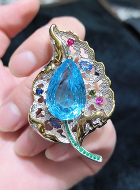 天然水晶宝石瑞士蓝托帕石吊坠s925银意大利豪华镶嵌