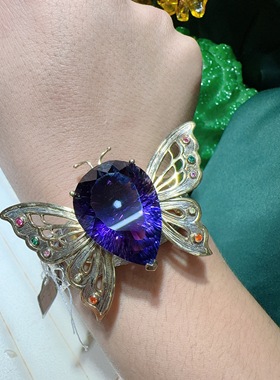 天然紫水晶手镯925纯银镶嵌女款紫色宝石蝴蝶意大利工艺首饰送人