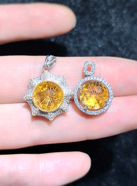天然水晶宝石巴西黄水晶吊坠s925银镶嵌晶体干净颜色炫火彩超美
