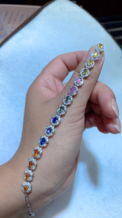 天然彩蓝宝手链女纯银镶嵌宝石3乘5简约设计满镶银饰饰品时尚