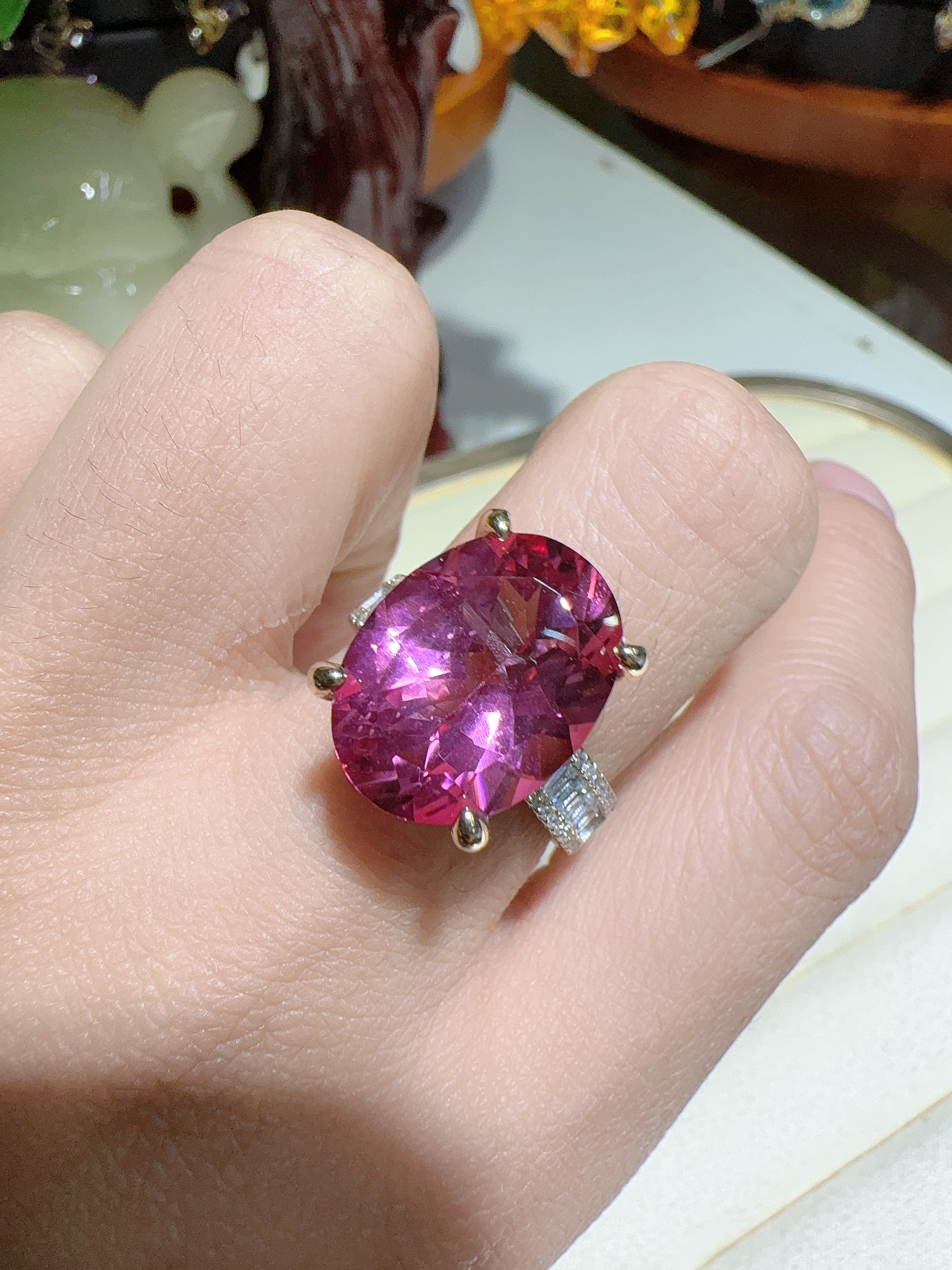 天然粉托帕石戒指925银镶嵌女款珠宝首饰活口意大利工艺大颗粒