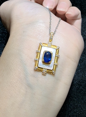 天然水晶宝石蓝宝石吊坠s925银镶嵌镀18K金黄