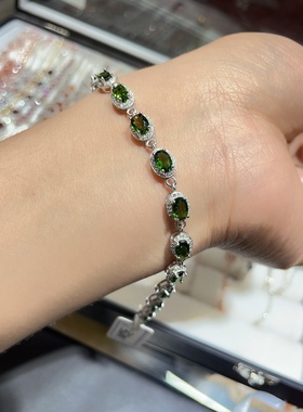 天然水晶彩宝透辉石手链s925纯银镶嵌满镶绿色手环豪镶