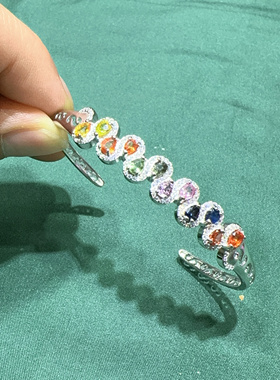 天然彩蓝宝手镯s925纯银镶嵌时尚简约粉色开口手环精工豪镶