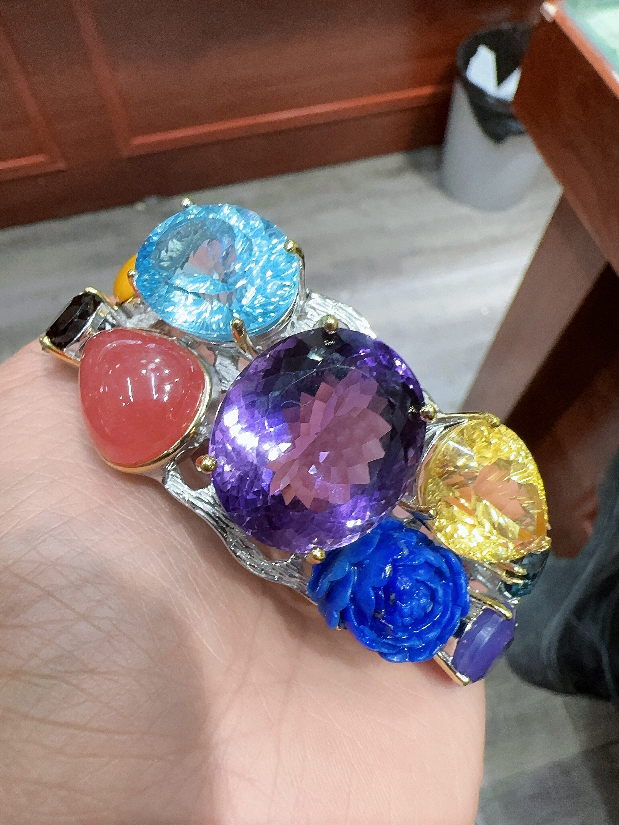 天然水晶手镯意大利工艺925银紫水晶托帕石黄水晶青金石红纹石