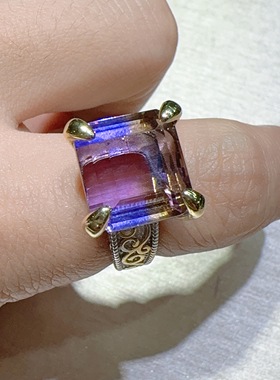 天然水晶紫黄水晶戒指925银镶嵌体颜色好意大利工艺女款活口