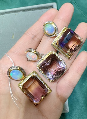 天然水晶紫黄水晶吊坠925银镶嵌体颜色好大颗粒毛衣链意大利工艺