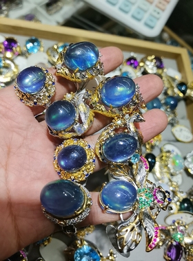 天然水晶宝石海蓝宝石戒指银镶嵌体颜色好意大利工艺女款活口